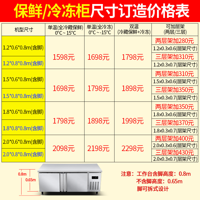 樂創(chuàng)不銹鋼冷藏工作臺 臥式廚房冰柜 商用酒店保鮮操作臺1.8米